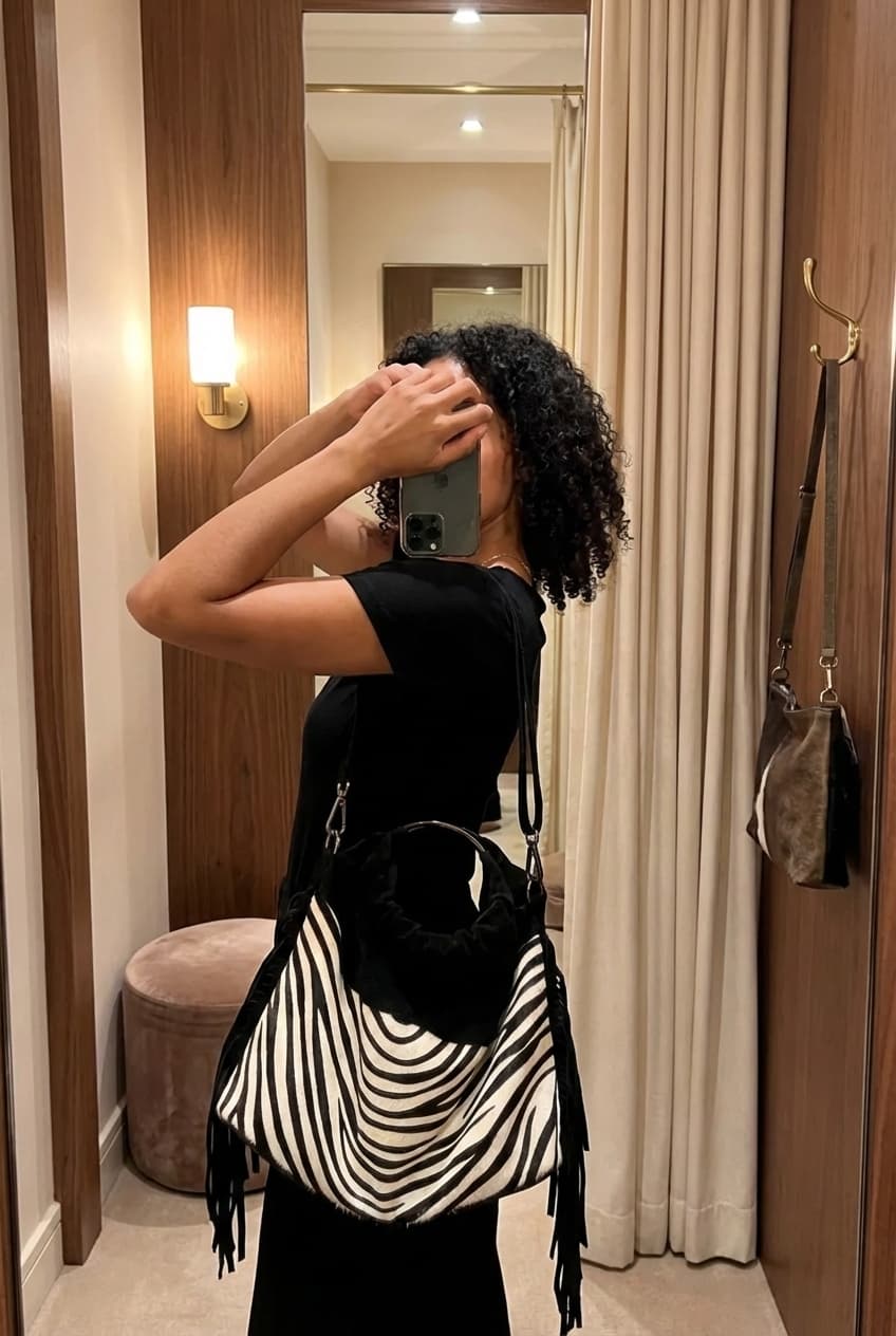 Une personne en Adorable sac à main nubuck à franges cambrant légèrement le dos pour une pose dynamique, dans une cabine d’essayage de style boutique avec un miroir et une décoration neutre.