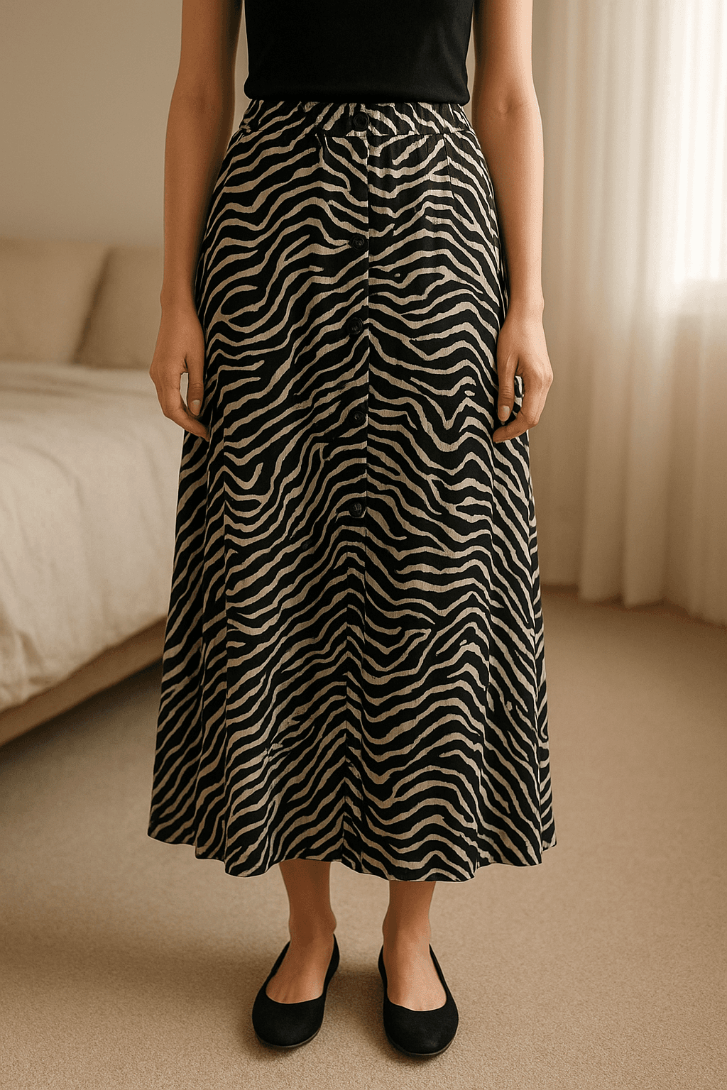 Berksha Zebra skirt - UK size 6 standing straight facing the camera, in a softly lit bedroom setting, with gentle natural light filtering through a window.