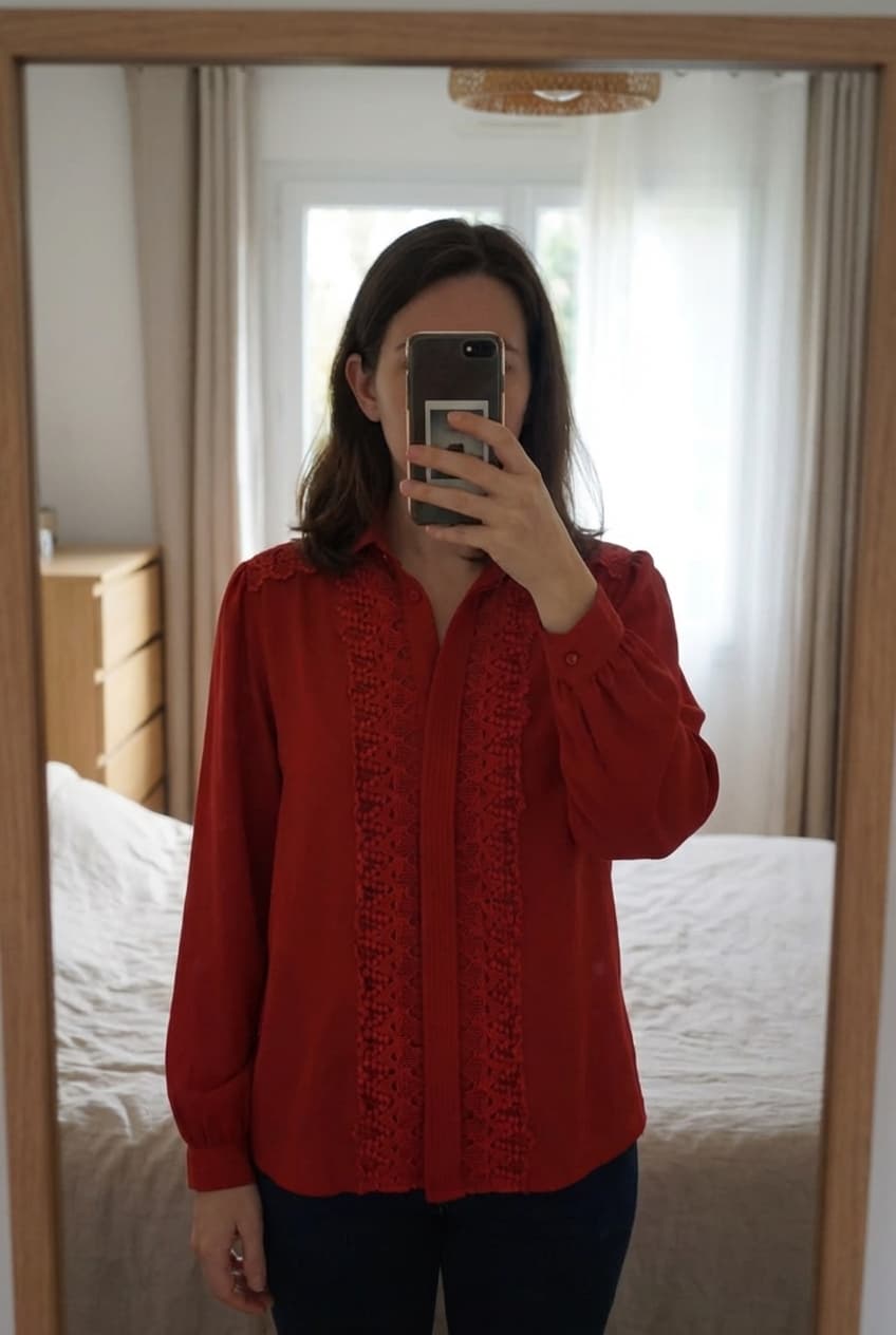 Chemisier rouge vintage debout, face à la caméra, dans une chambre à la lumière douce, avec une lumière naturelle filtrant par la fenêtre.