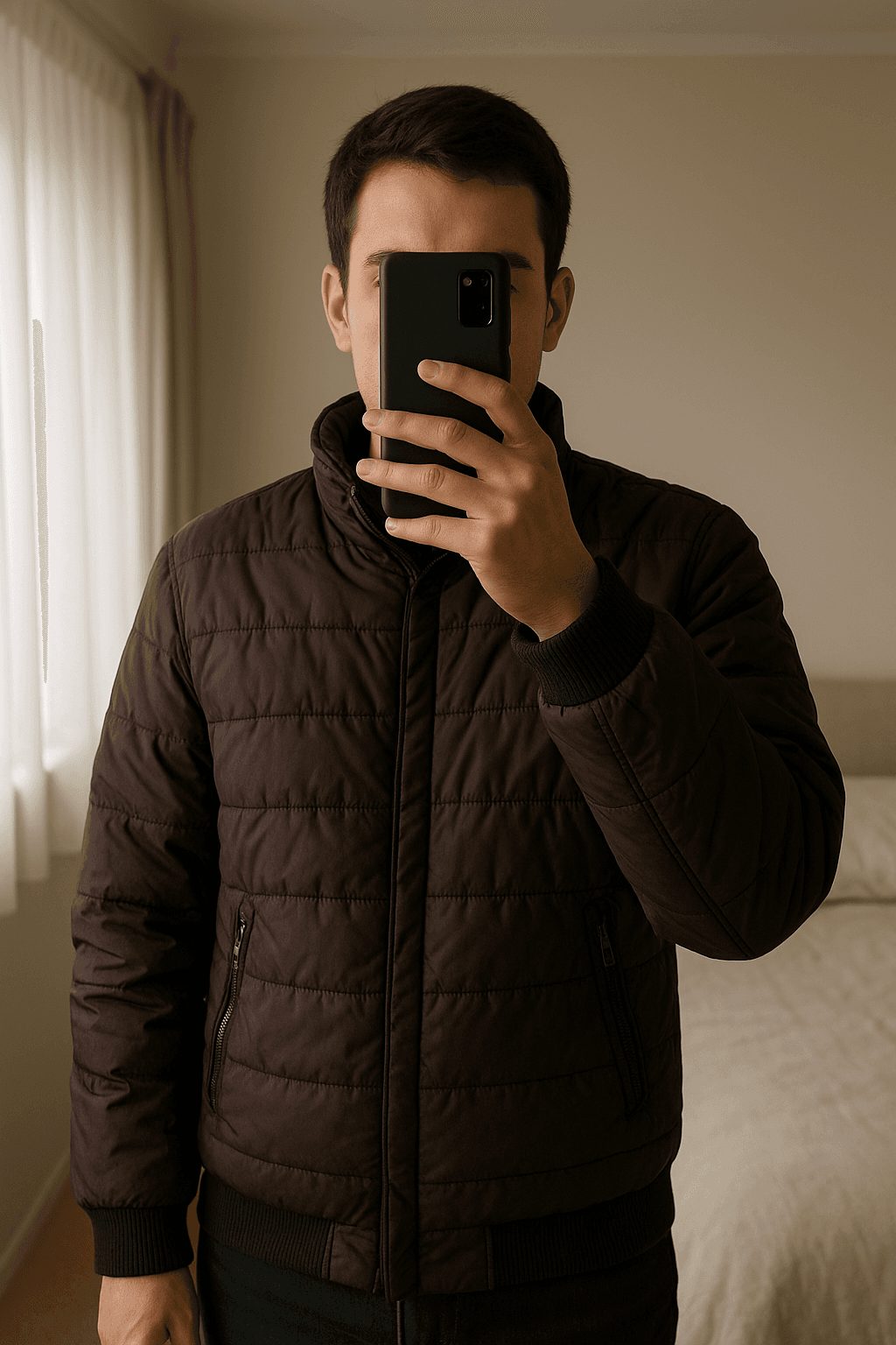 Geaca standing straight facing the camera, in a softly lit bedroom setting, with gentle natural light filtering through a window.