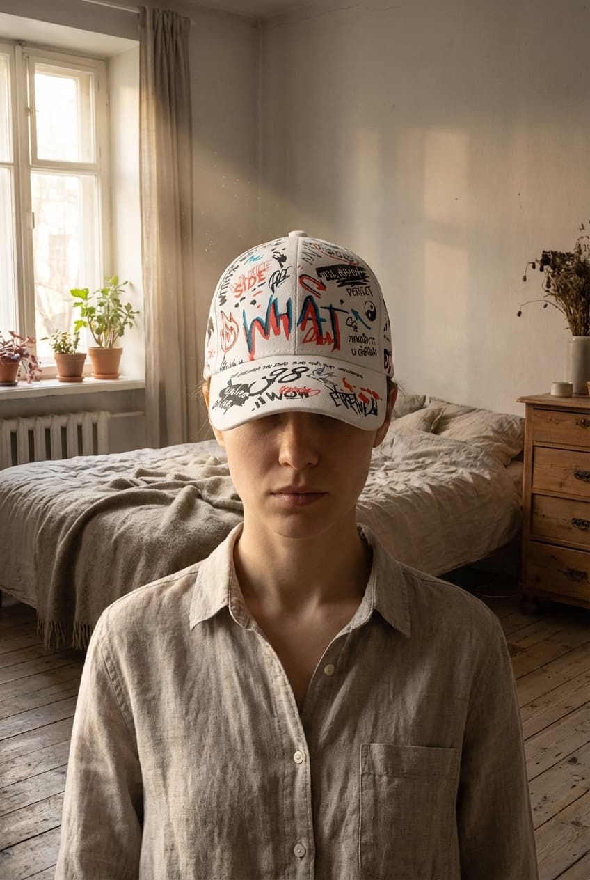 Casquette baseball debout, face à la caméra, dans une chambre à la lumière douce, avec une lumière naturelle filtrant par la fenêtre.