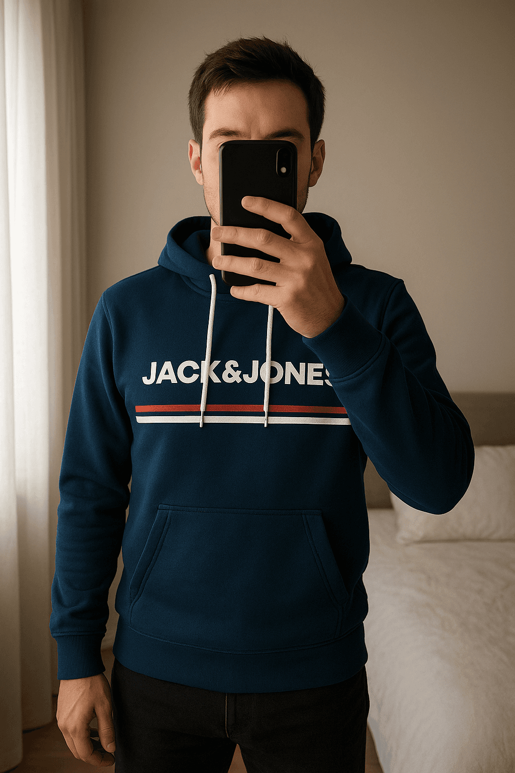 Jack and Jones Pullover Hoodie Gr. M aufrecht stehend, der Kamera zugewandt, in einem sanft beleuchteten Schlafzimmer, mit natürlichem Licht, das durch ein Fenster fällt.