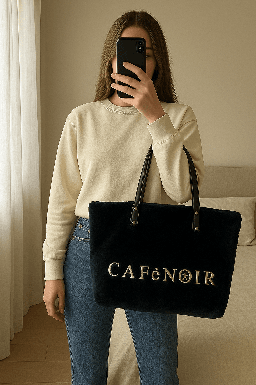 Borsa CafèNoir blu in ecopelliccia in piedi, rivolto verso la fotocamera, in una camera da letto con luce soffusa e luce naturale che filtra dalla finestra.