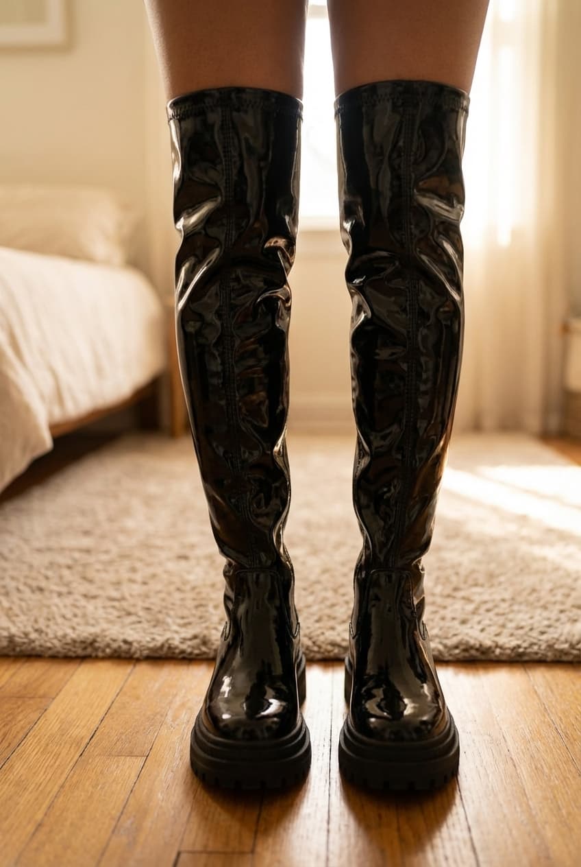 Botte cuissarde vernis debout, face à la caméra, dans une chambre à la lumière douce, avec une lumière naturelle filtrant par la fenêtre.