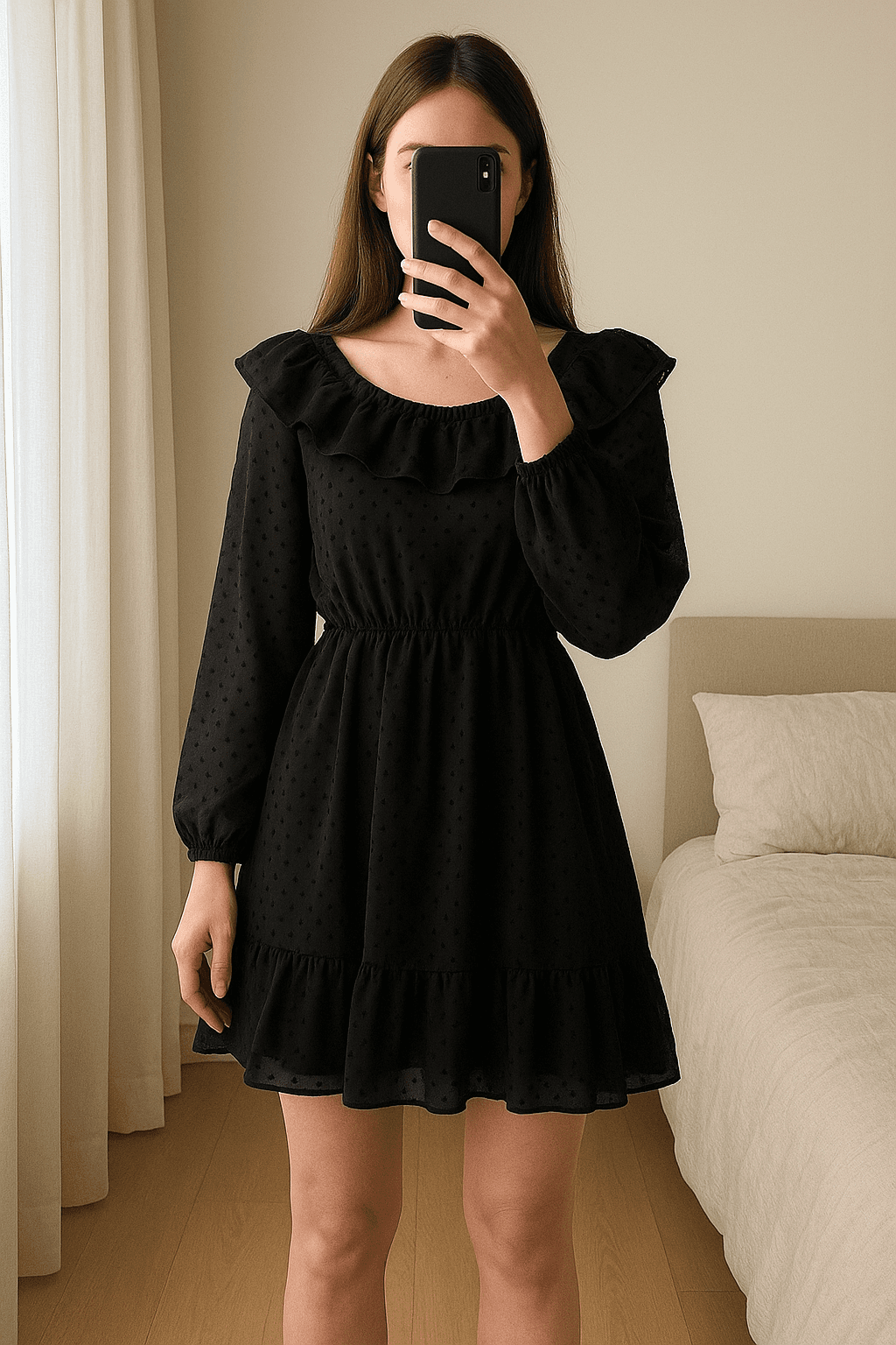 Zara robe noir femme neuf avec étiquette debout, face à la caméra, dans une chambre à la lumière douce, avec une lumière naturelle filtrant par la fenêtre.