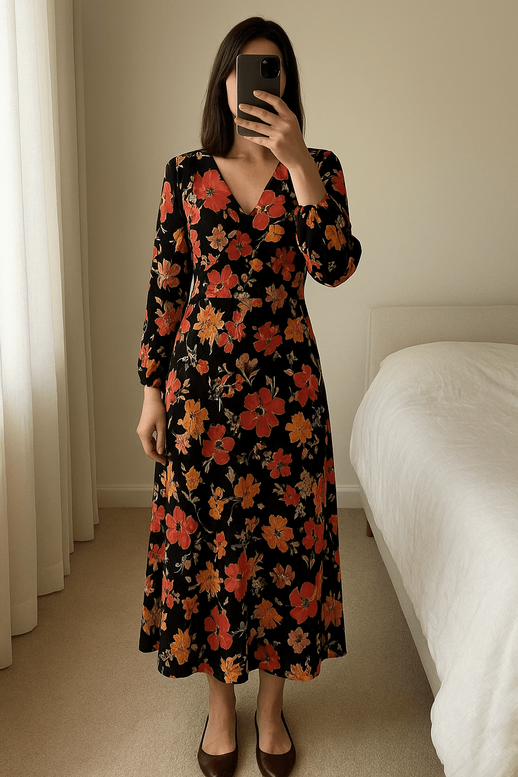 Robe zara fluide debout, face à la caméra, dans une chambre à la lumière douce, avec une lumière naturelle filtrant par la fenêtre.