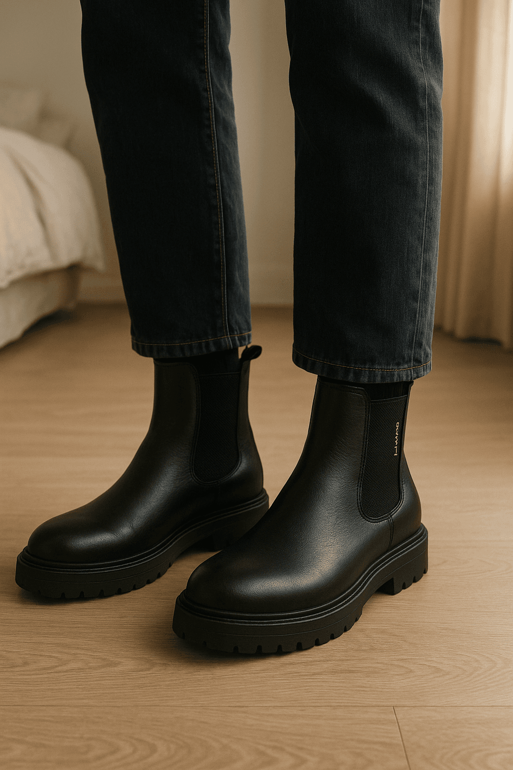 GANT Herrenstiefel – Größe 41 – Sehr guter Zustand aufrecht stehend, der Kamera zugewandt, in einem sanft beleuchteten Schlafzimmer, mit natürlichem Licht, das durch ein Fenster fällt.