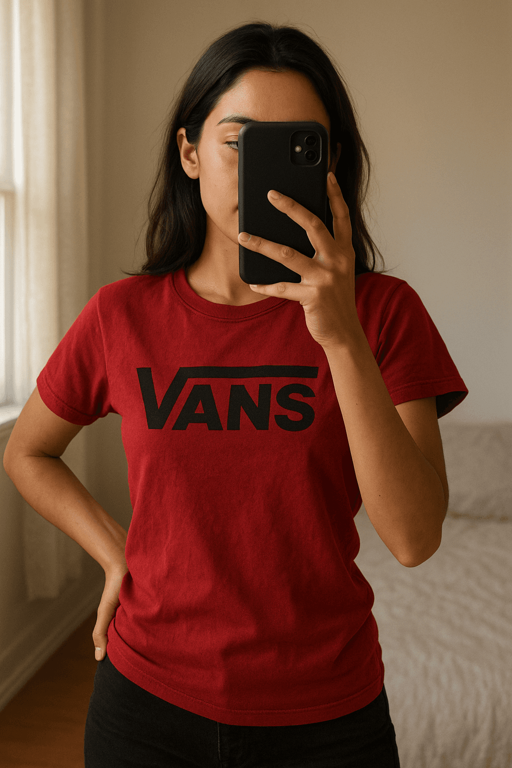 Una persona in Maglietta vans inarcando leggermente la schiena per una posa dinamica, con corporatura snella, in una camera da letto con luce soffusa e luce naturale che filtra dalla finestra.