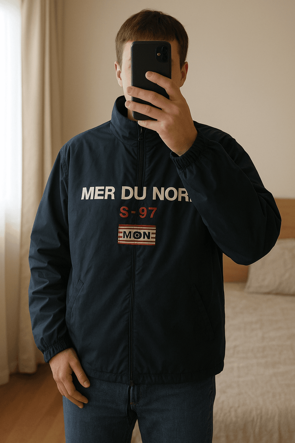 Winterjas - Mer du Nord Sport - maat S - goed debout, face à la caméra, dans une chambre à la lumière douce, avec une lumière naturelle filtrant par la fenêtre.