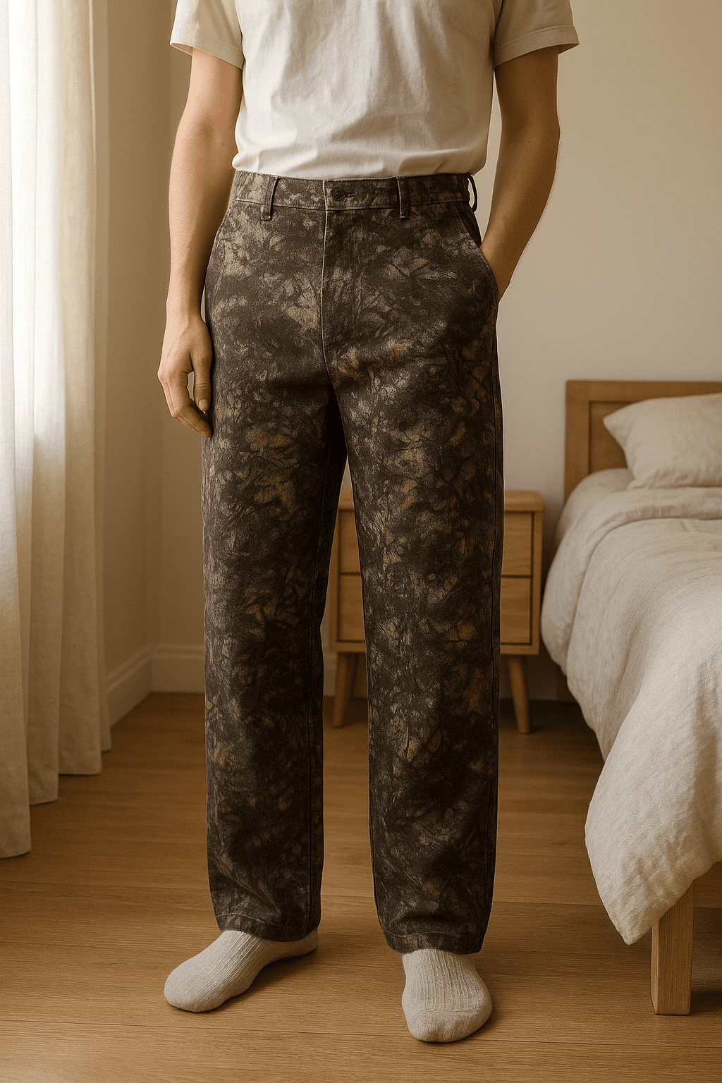 Baggy camo weekday woodland realtree in piedi, rivolto verso la fotocamera, in una camera da letto con luce soffusa e luce naturale che filtra dalla finestra.