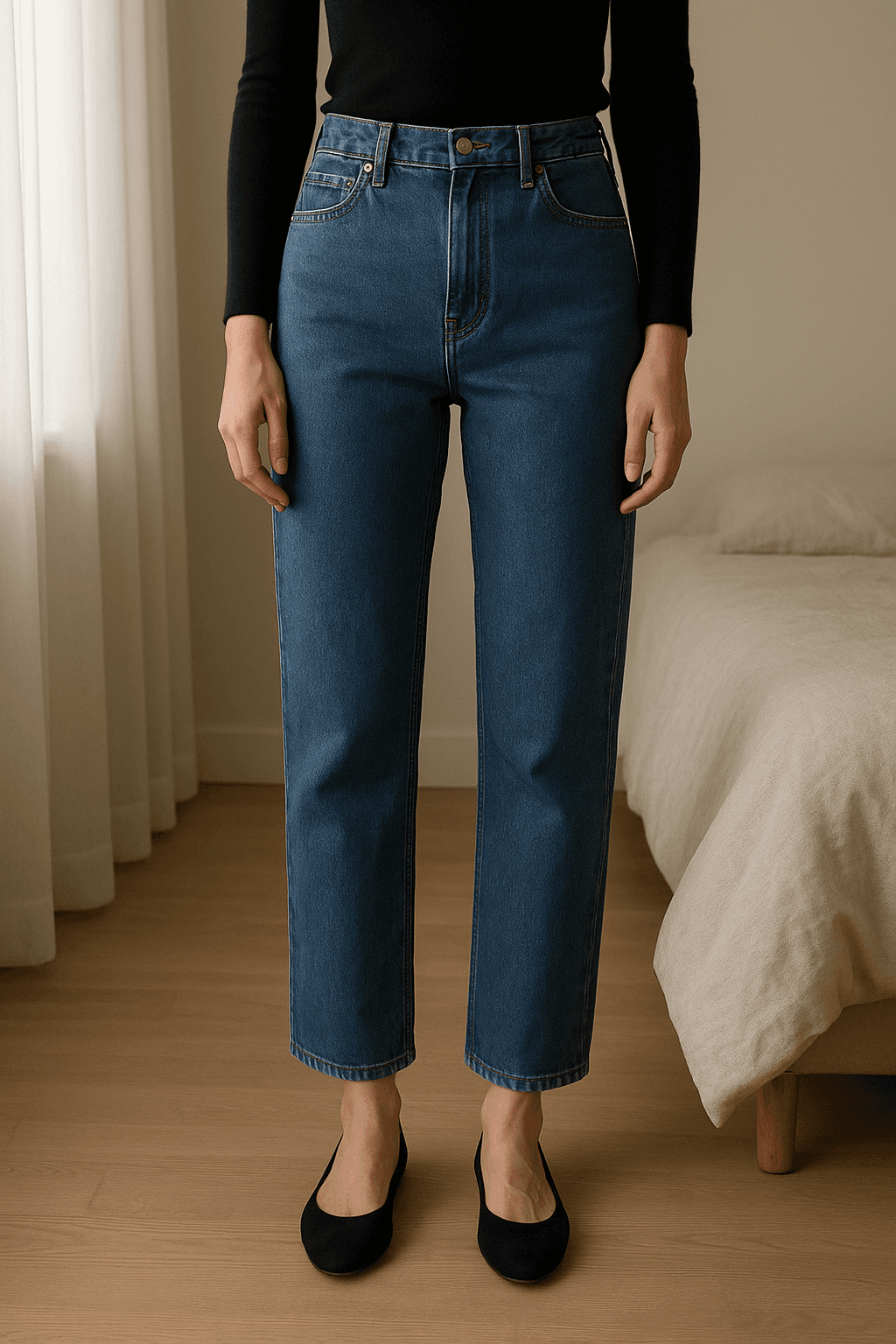 Eine Person in H&M - Mom Jeans Blau aufrecht stehend, der Kamera zugewandt, mit schlanker Figur, in einem sanft beleuchteten Schlafzimmer, mit natürlichem Licht, das durch ein Fenster fällt.