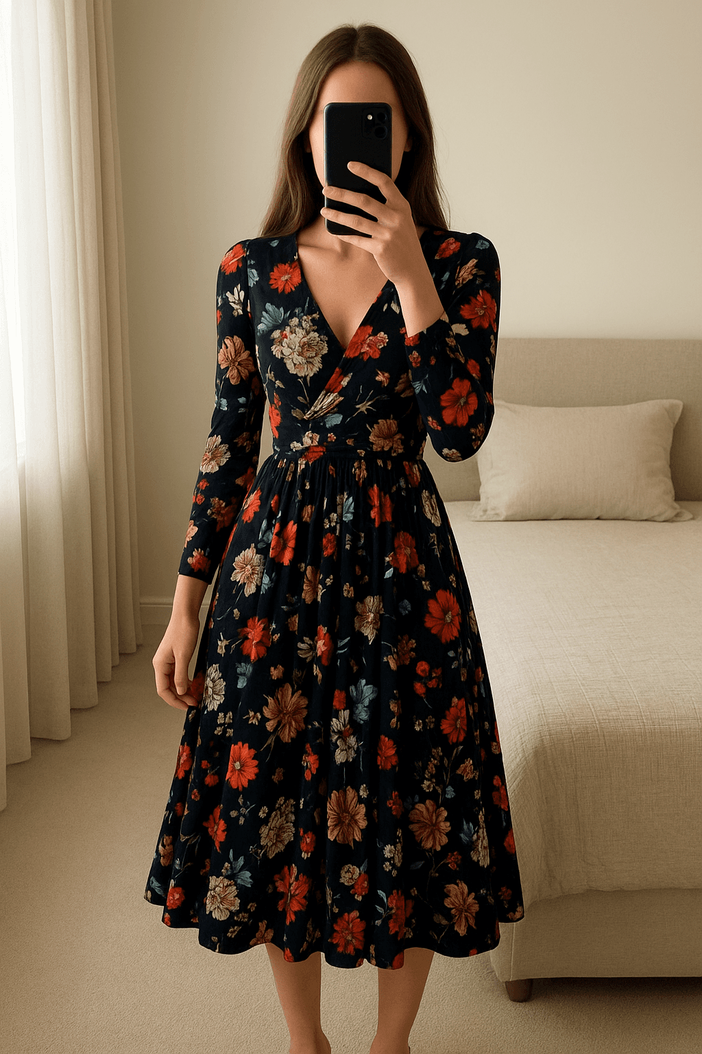 Granatowa Sukienka Midi Plisowana Kopertowa Kolorowe Kwiaty Floral Boho Hippie Cottage Retro L XL standing straight facing the camera, in a softly lit bedroom setting, with gentle natural light filtering through a window.