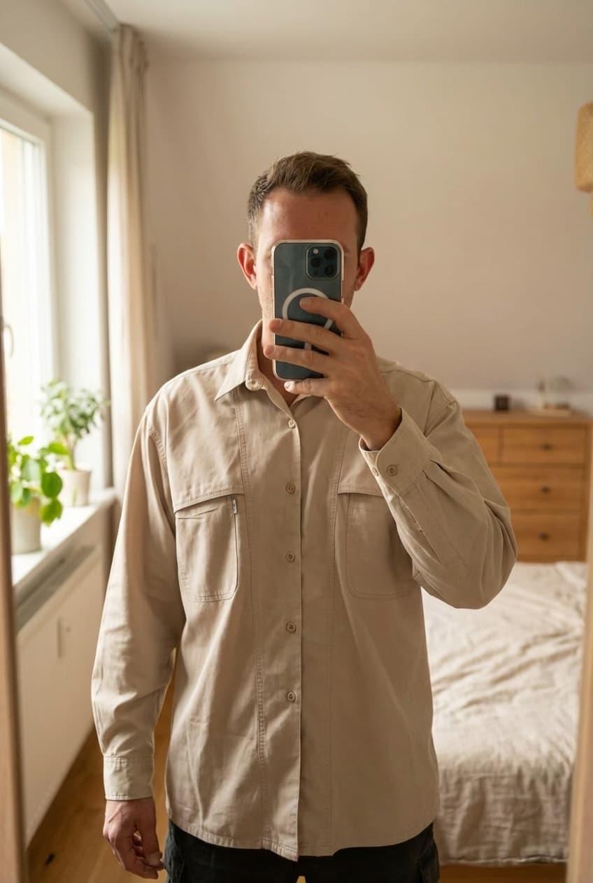 Une personne en Chemise manches longues Levi's, taille XL debout, face à la caméra, dans une chambre à la lumière douce, avec une lumière naturelle filtrant par la fenêtre.