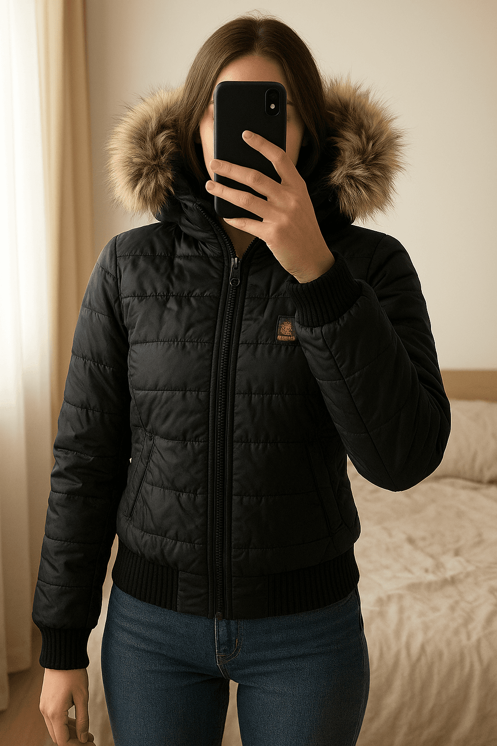 Piumino Refrigiwear Sixty Nero in piedi, rivolto verso la fotocamera, in una camera da letto con luce soffusa e luce naturale che filtra dalla finestra.