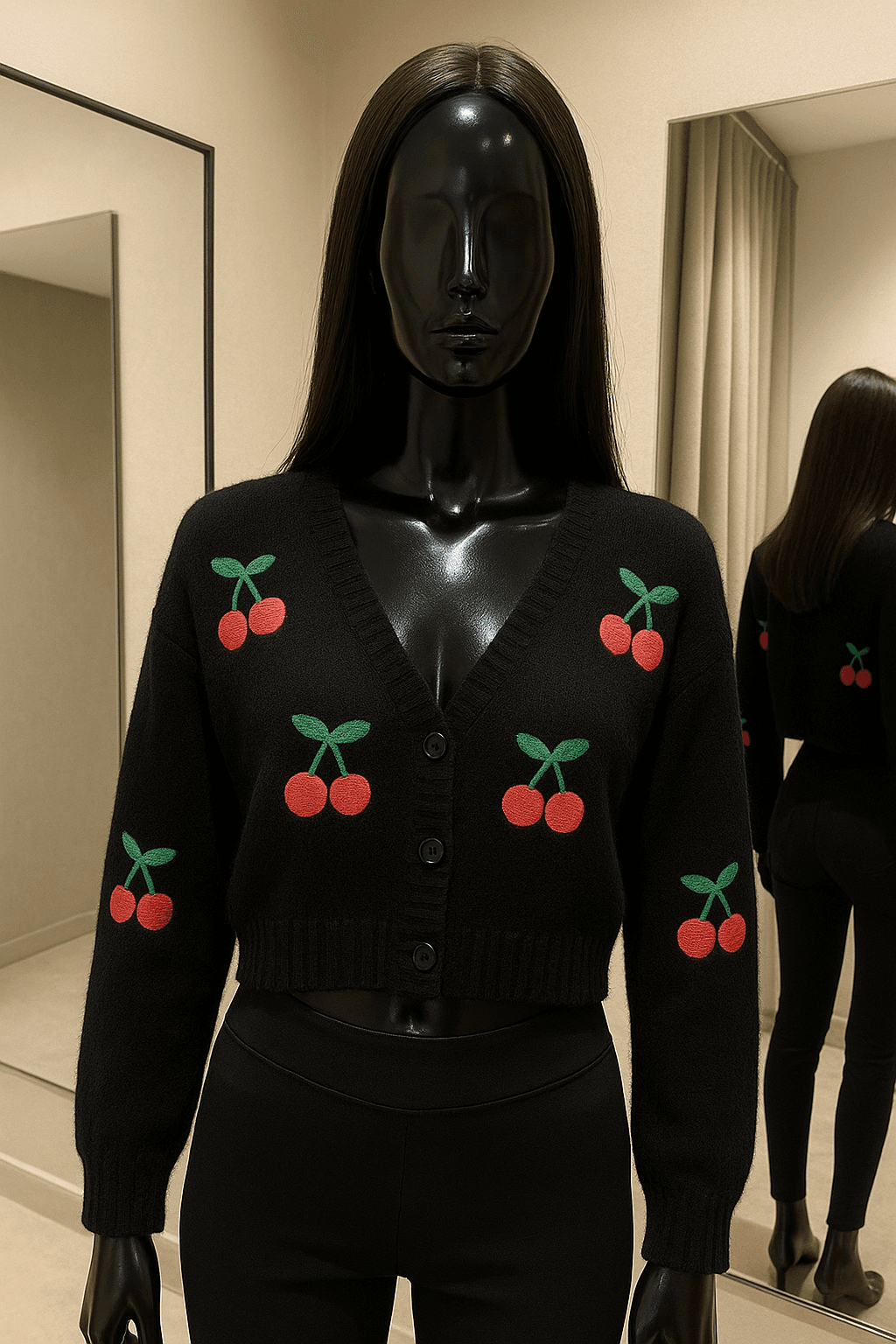 eine glänzende schwarze Kunststoffpuppe ohne Gesichtszüge in Boleros schwarz aufrecht stehend, der Kamera zugewandt, mit schlanker Figur, in einer Umkleidekabine im Boutiquenstil mit Spiegel und neutralem Dekor.