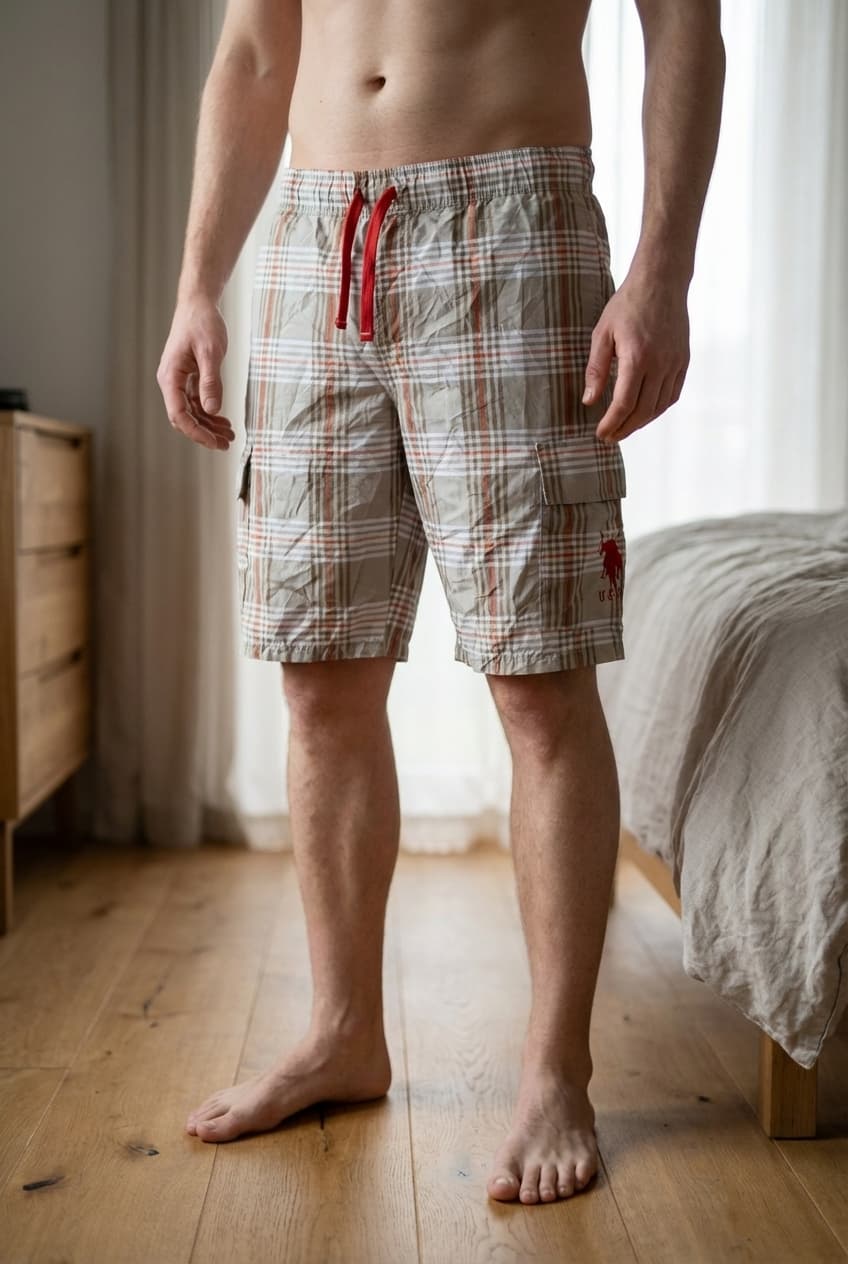 Une personne en Short de bain homme U.S.Polo Assn – Taille S debout, face à la caméra, dans une chambre à la lumière douce, avec une lumière naturelle filtrant par la fenêtre.