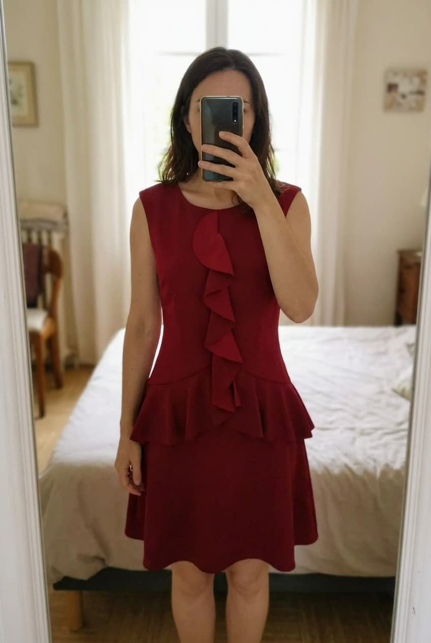 Sublime robe debout, face à la caméra, dans une chambre à la lumière douce, avec une lumière naturelle filtrant par la fenêtre.