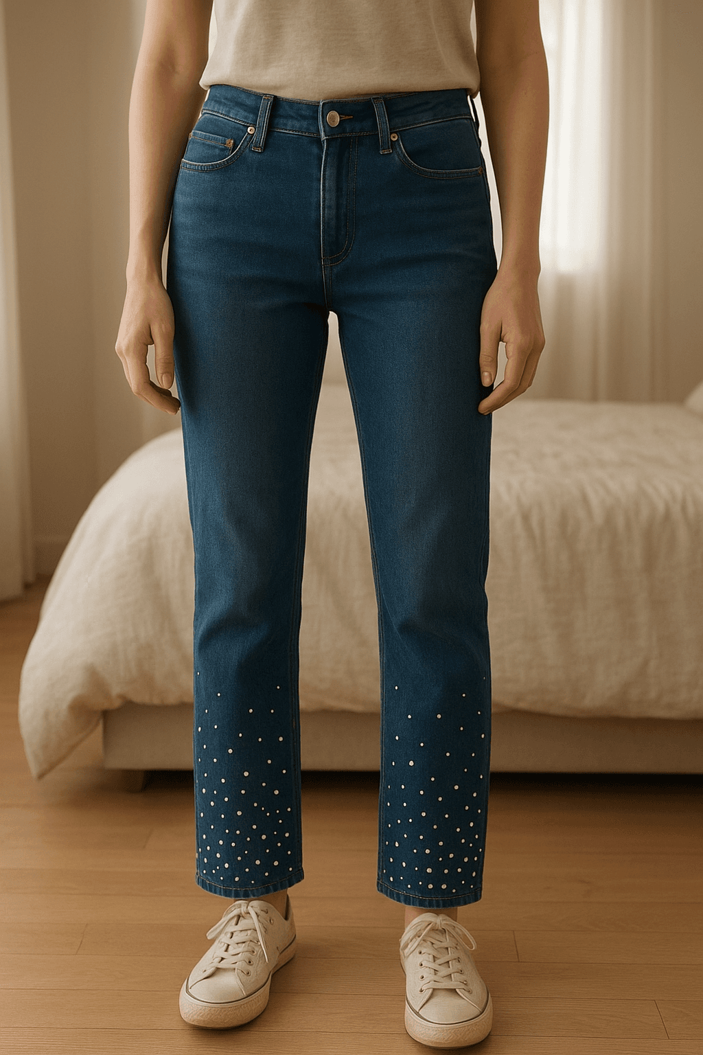 Jeans in piedi, rivolto verso la fotocamera, in una camera da letto con luce soffusa e luce naturale che filtra dalla finestra.