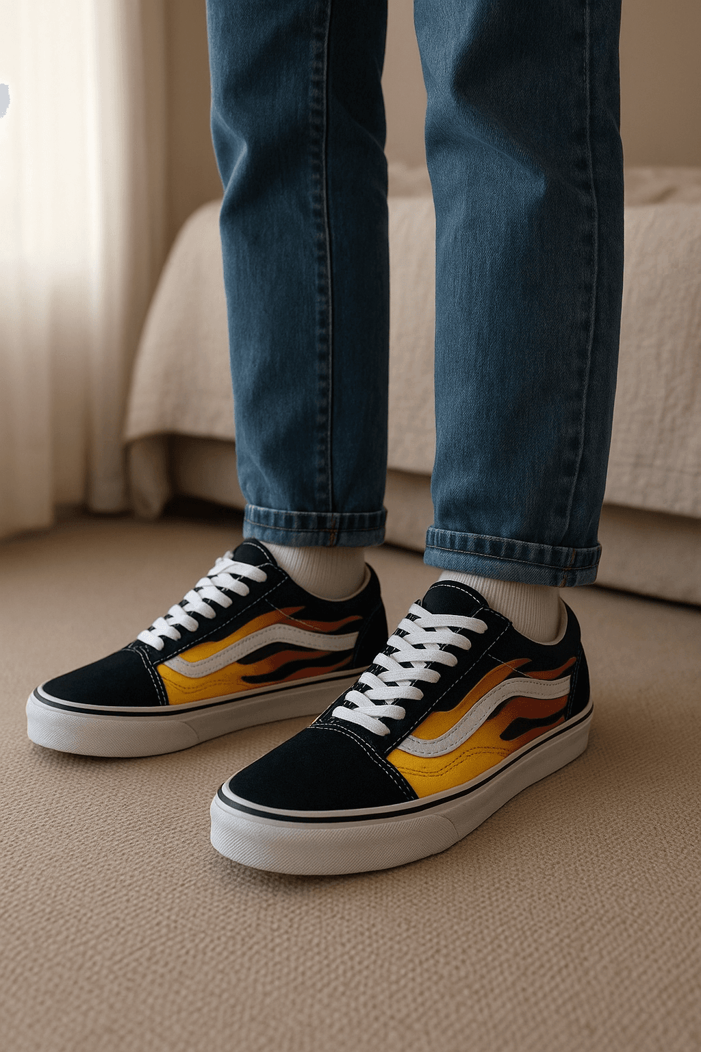Vans flame 🔥 taglia 40 in piedi, rivolto verso la fotocamera, in una camera da letto con luce soffusa e luce naturale che filtra dalla finestra.