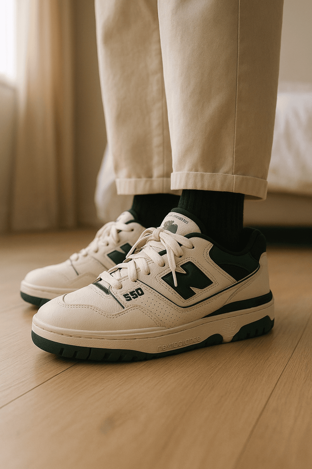 New Balance 550 in piedi, rivolto verso la fotocamera, in una camera da letto con luce soffusa e luce naturale che filtra dalla finestra.