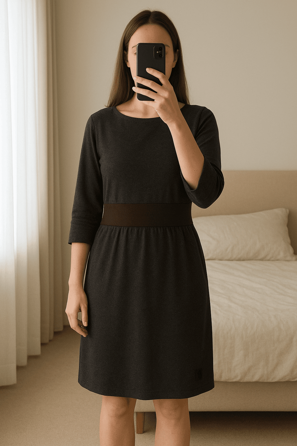 Sukienka damska Numinou NU35 z 3/4 rękawami grafitowa rozmiar 44 standing straight facing the camera, in a softly lit bedroom setting, with gentle natural light filtering through a window.