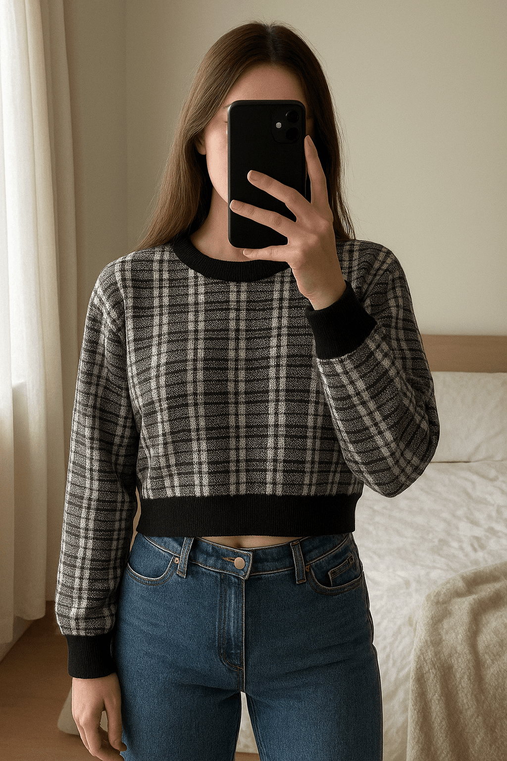 Primark Black White Checked Knit Cropped Jumper UK Size Large standing straight facing the camera, in a softly lit bedroom setting, with gentle natural light filtering through a window.