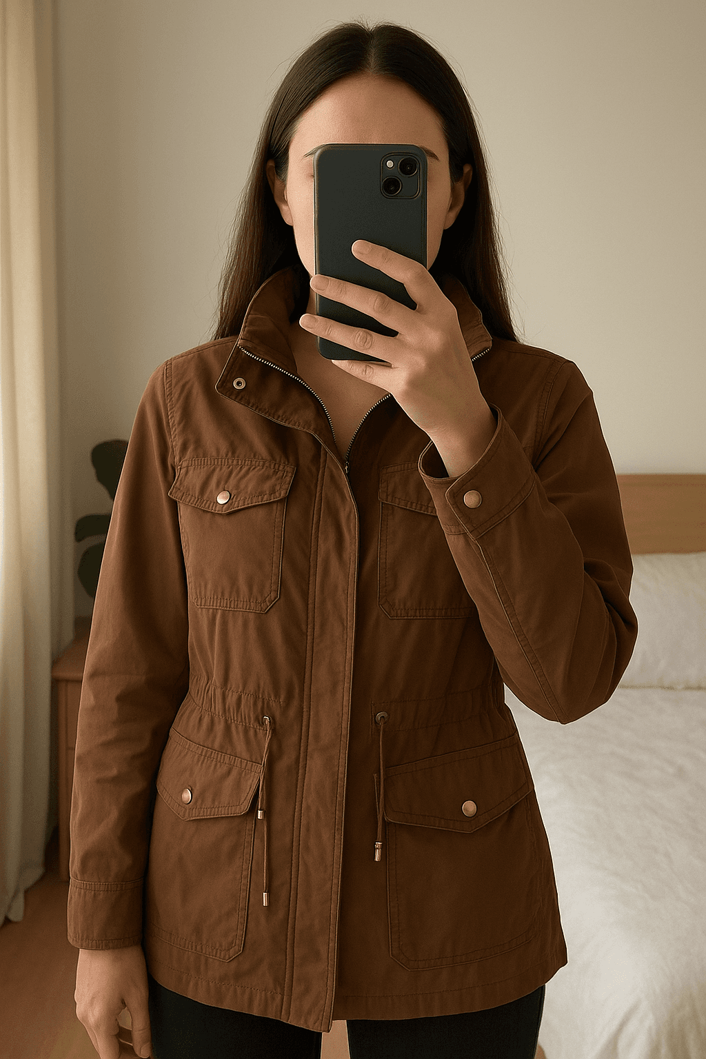 Jacke Damen braun 46 aufrecht stehend, der Kamera zugewandt, in einem sanft beleuchteten Schlafzimmer, mit natürlichem Licht, das durch ein Fenster fällt.