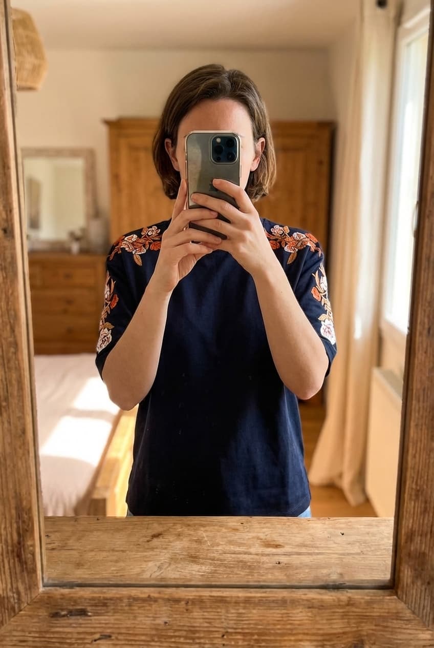 TEE shirt Sandro neuf T1 debout, face à la caméra, dans une chambre à la lumière douce, avec une lumière naturelle filtrant par la fenêtre.