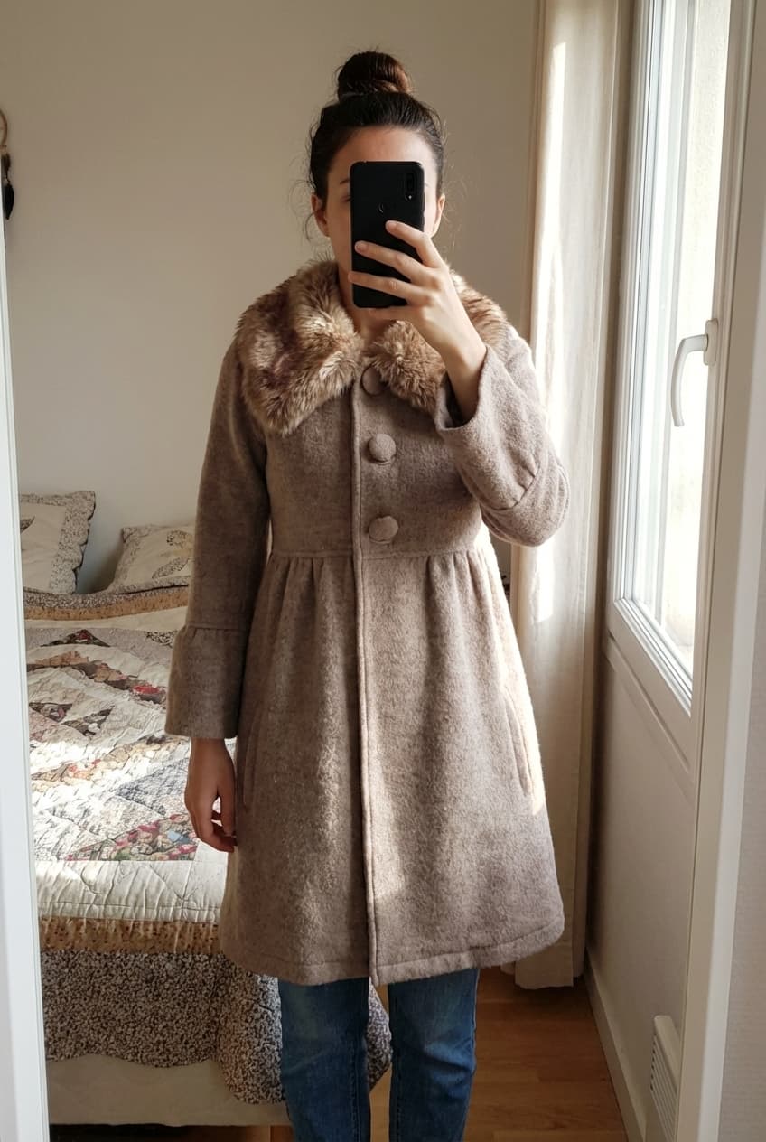 Joli manteau beige debout, face à la caméra, dans une chambre à la lumière douce, avec une lumière naturelle filtrant par la fenêtre.