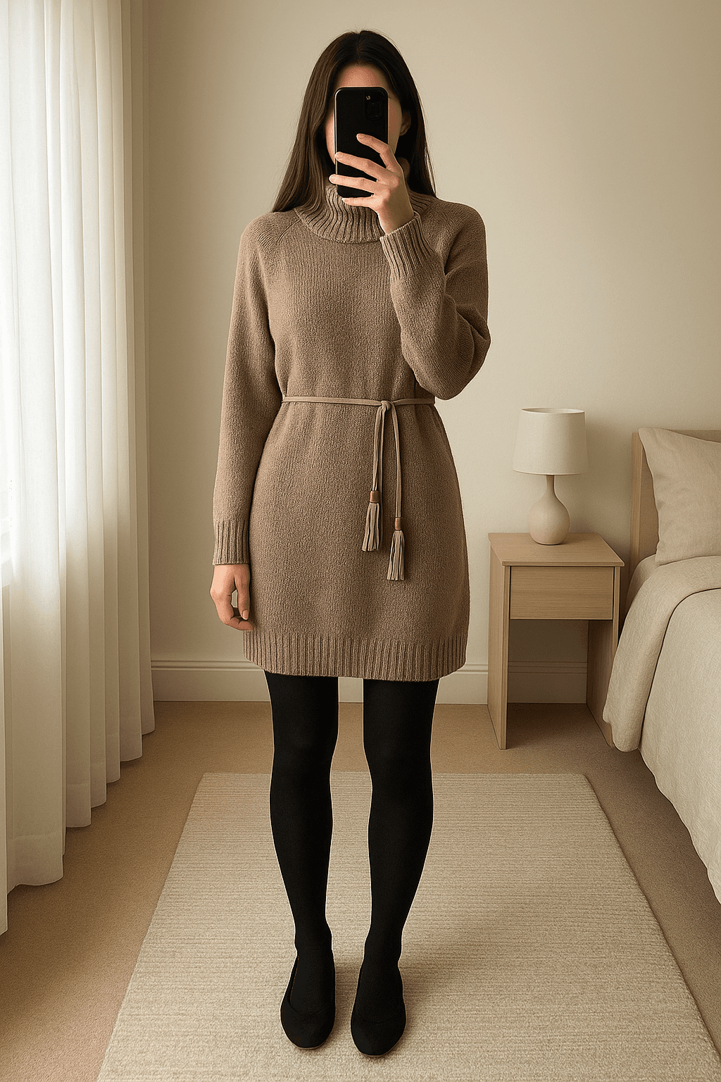 Beżowa luźna sukienka swetrowa z luźnym golfem oversize 36/38 standing straight facing the camera, in a softly lit bedroom setting, with gentle natural light filtering through a window.