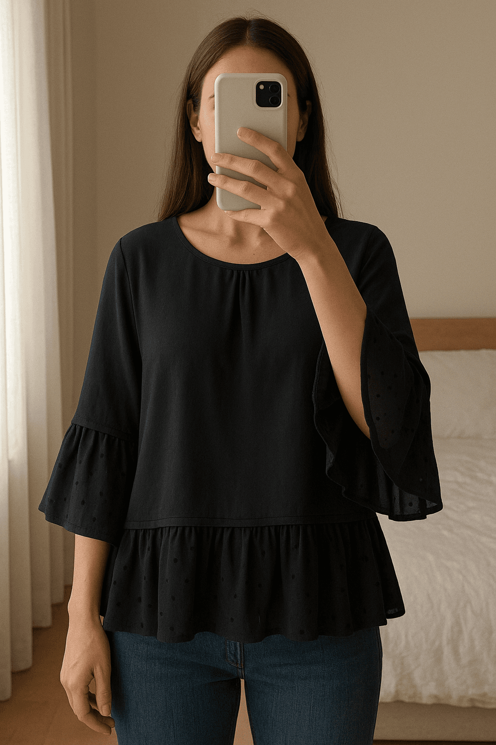 Maglia Wendy Trendy in piedi, rivolto verso la fotocamera, in una camera da letto con luce soffusa e luce naturale che filtra dalla finestra.