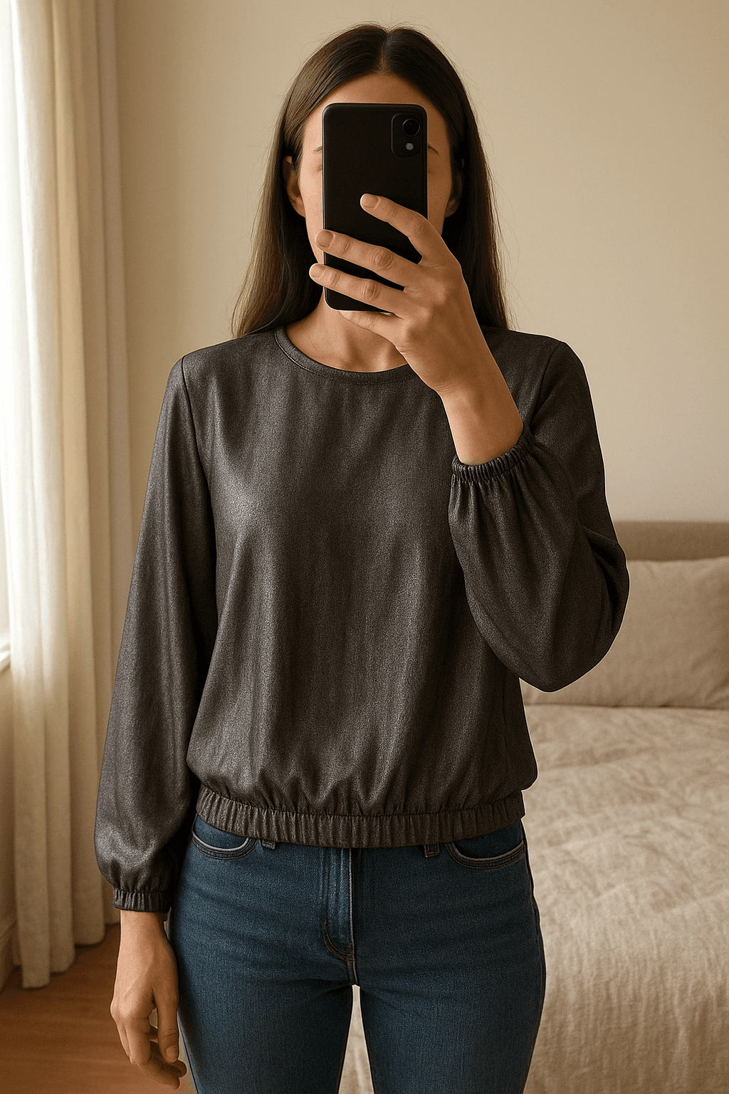 Blusa Relish metallizzata grigio antracite a maniche lunghe in piedi, rivolto verso la fotocamera, in una camera da letto con luce soffusa e luce naturale che filtra dalla finestra.