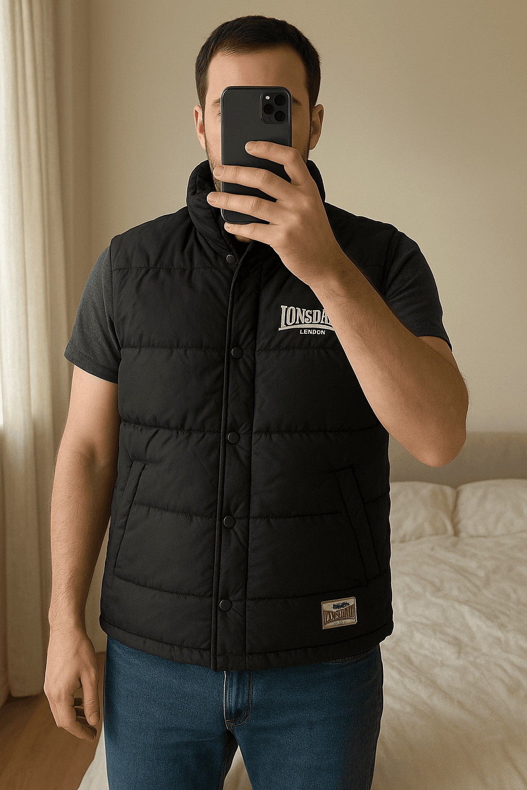 Gilet Smanicato Lonsdale piumino uomo taglia S in piedi, rivolto verso la fotocamera, in una camera da letto con luce soffusa e luce naturale che filtra dalla finestra.