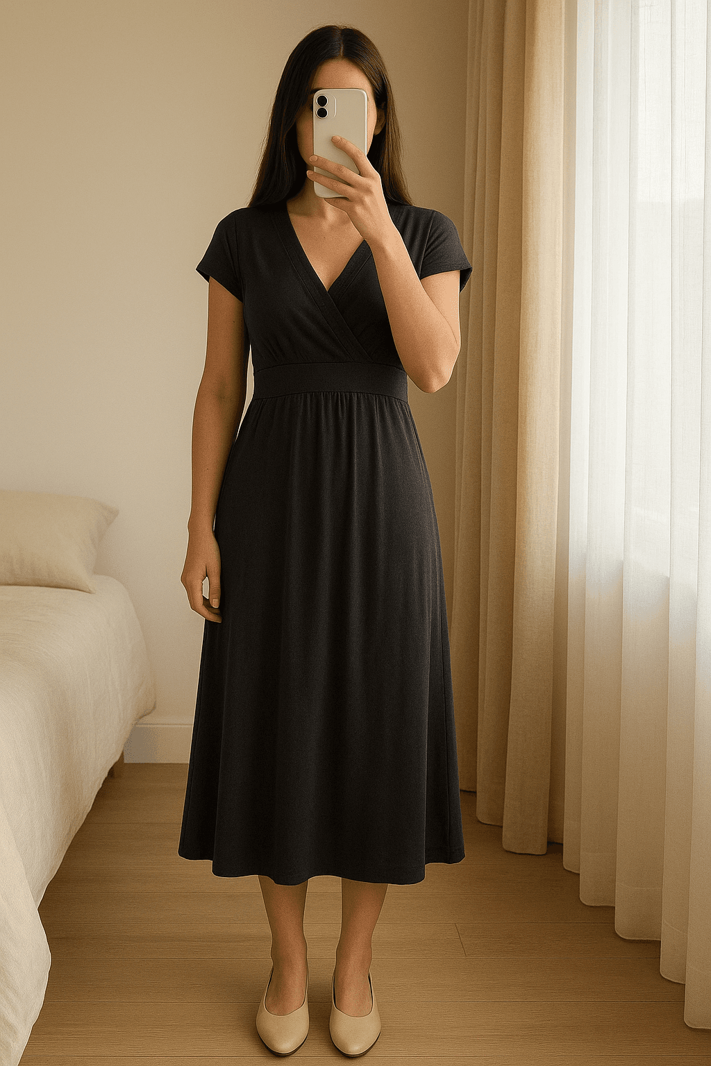 Vestito nero Twinset little black dress maniche corte in piedi, rivolto verso la fotocamera, in una camera da letto con luce soffusa e luce naturale che filtra dalla finestra.