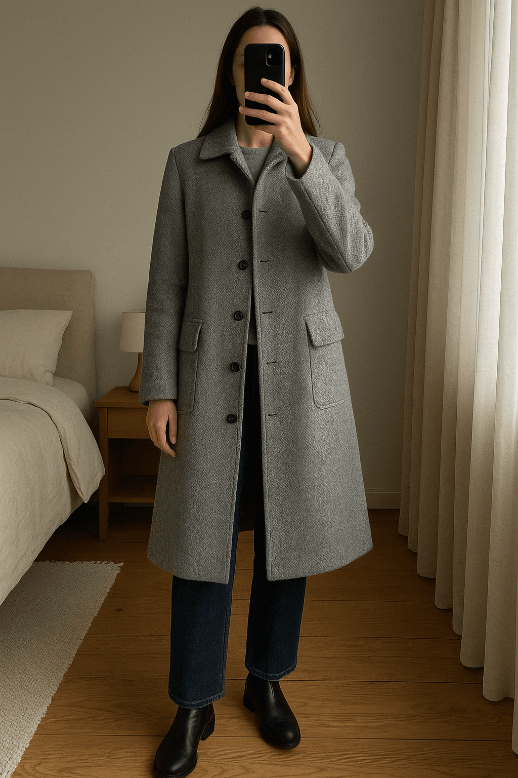 Manteau d'hiver vintage laine vierge et mohair Kreation Karner - motif pied de poule debout, face à la caméra, dans une chambre à la lumière douce, avec une lumière naturelle filtrant par la fenêtre.