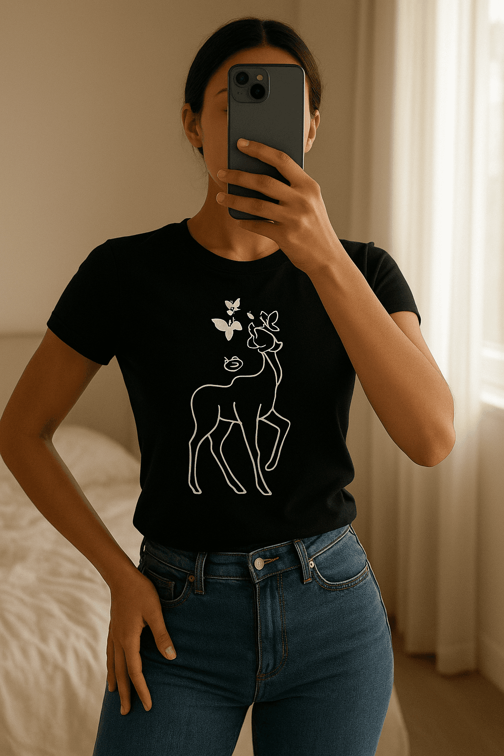 Una persona in T-shirt Shein nera grafica – Taglia S – Mai indossata inarcando leggermente la schiena per una posa dinamica, con corporatura snella, in una camera da letto con luce soffusa e luce naturale che filtra dalla finestra.