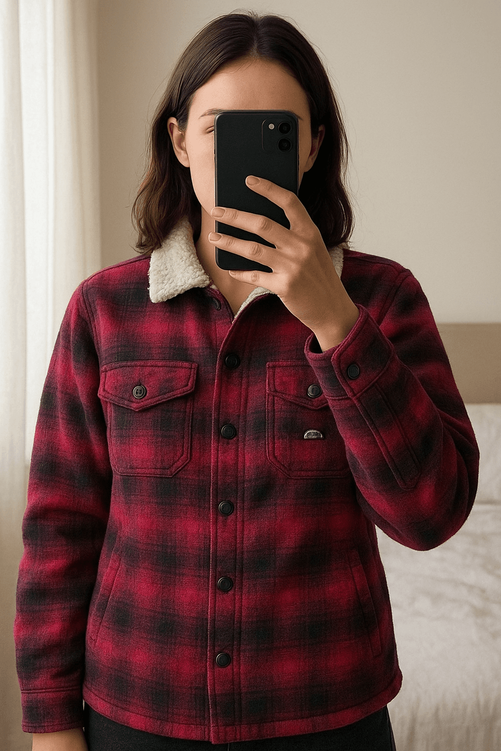 Sherpa Flanelljacke – Warm, Rare & Streetwear Vibes | Größe L aufrecht stehend, der Kamera zugewandt, in einem sanft beleuchteten Schlafzimmer, mit natürlichem Licht, das durch ein Fenster fällt.