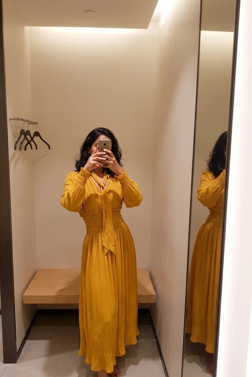 Une personne en Robe longue vaporeuse Zara couleur moutarde cambrant légèrement le dos pour une pose dynamique, dans une cabine d’essayage de style boutique avec un miroir et une décoration neutre.