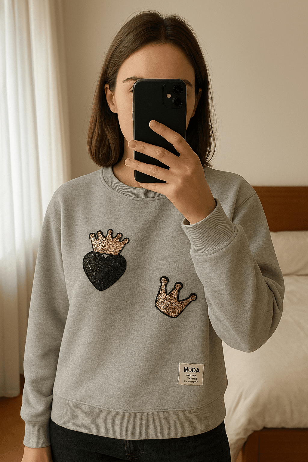 Felpa nuova oversize taglia unica cuore nero paillettes balloon Made In Italy in piedi, rivolto verso la fotocamera, in una camera da letto con luce soffusa e luce naturale che filtra dalla finestra.