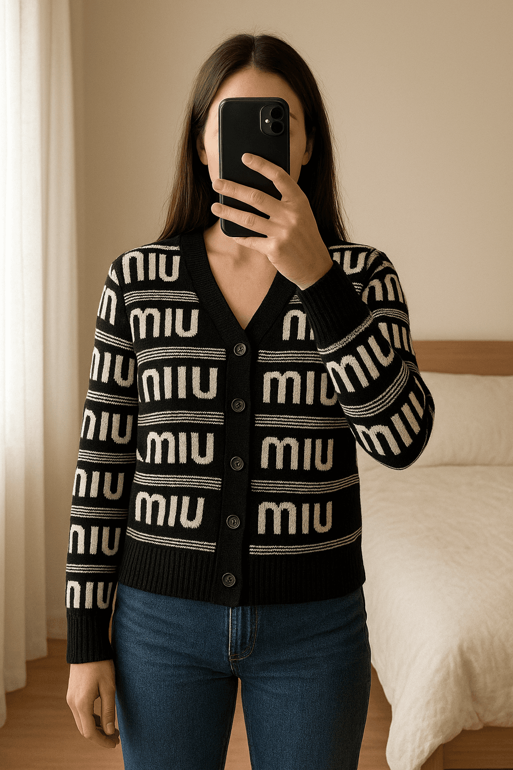 Miu miu cardigan standing straight facing the camera, in a softly lit bedroom setting, with gentle natural light filtering through a window.