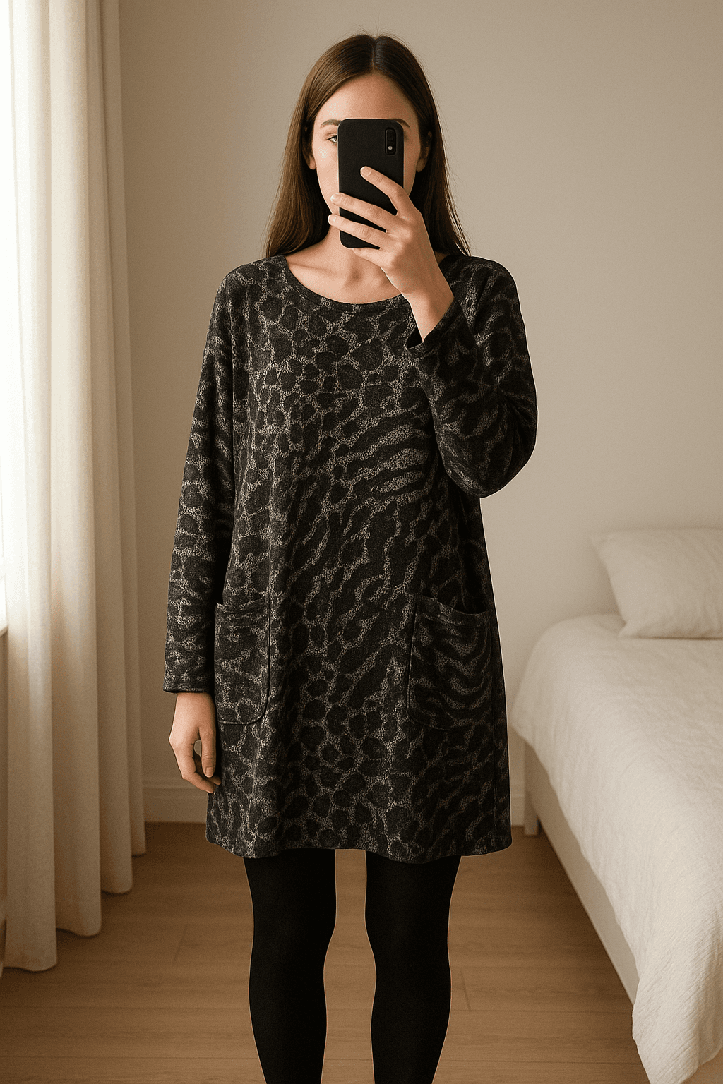 Abito Vestito curvy Taglia unica in piedi, rivolto verso la fotocamera, in una camera da letto con luce soffusa e luce naturale che filtra dalla finestra.