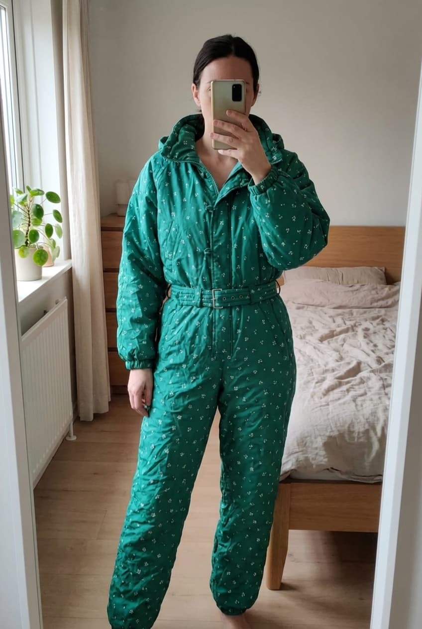 Skipak met afneembare kap en vlindermouw - Dorotennis - maat 0 (XS/S) - goed debout, face à la caméra, dans une chambre à la lumière douce, avec une lumière naturelle filtrant par la fenêtre.