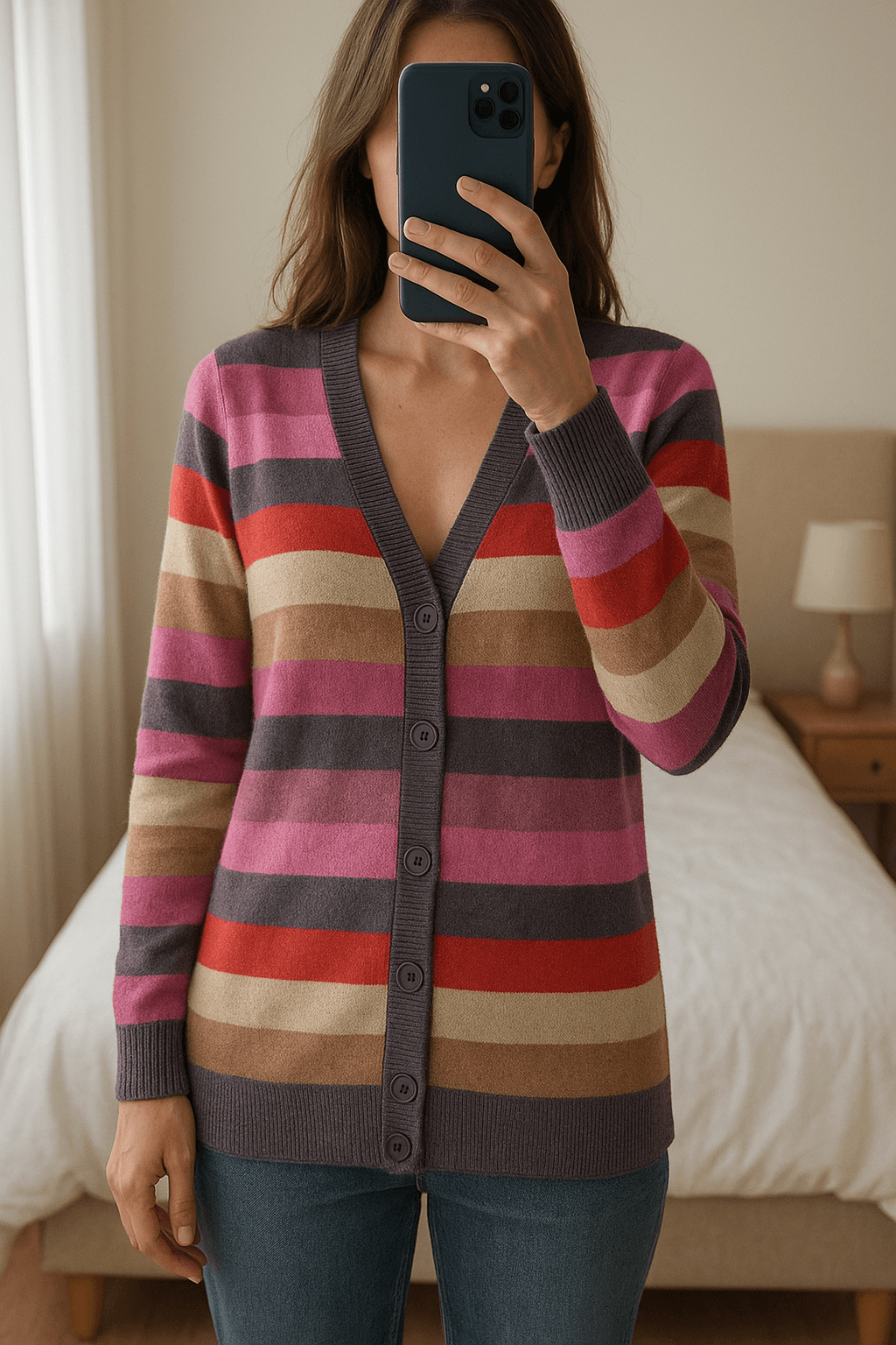 Fleurige gekleurde vest - GAP - maat S - goed standing straight facing the camera, in a softly lit bedroom setting, with gentle natural light filtering through a window.