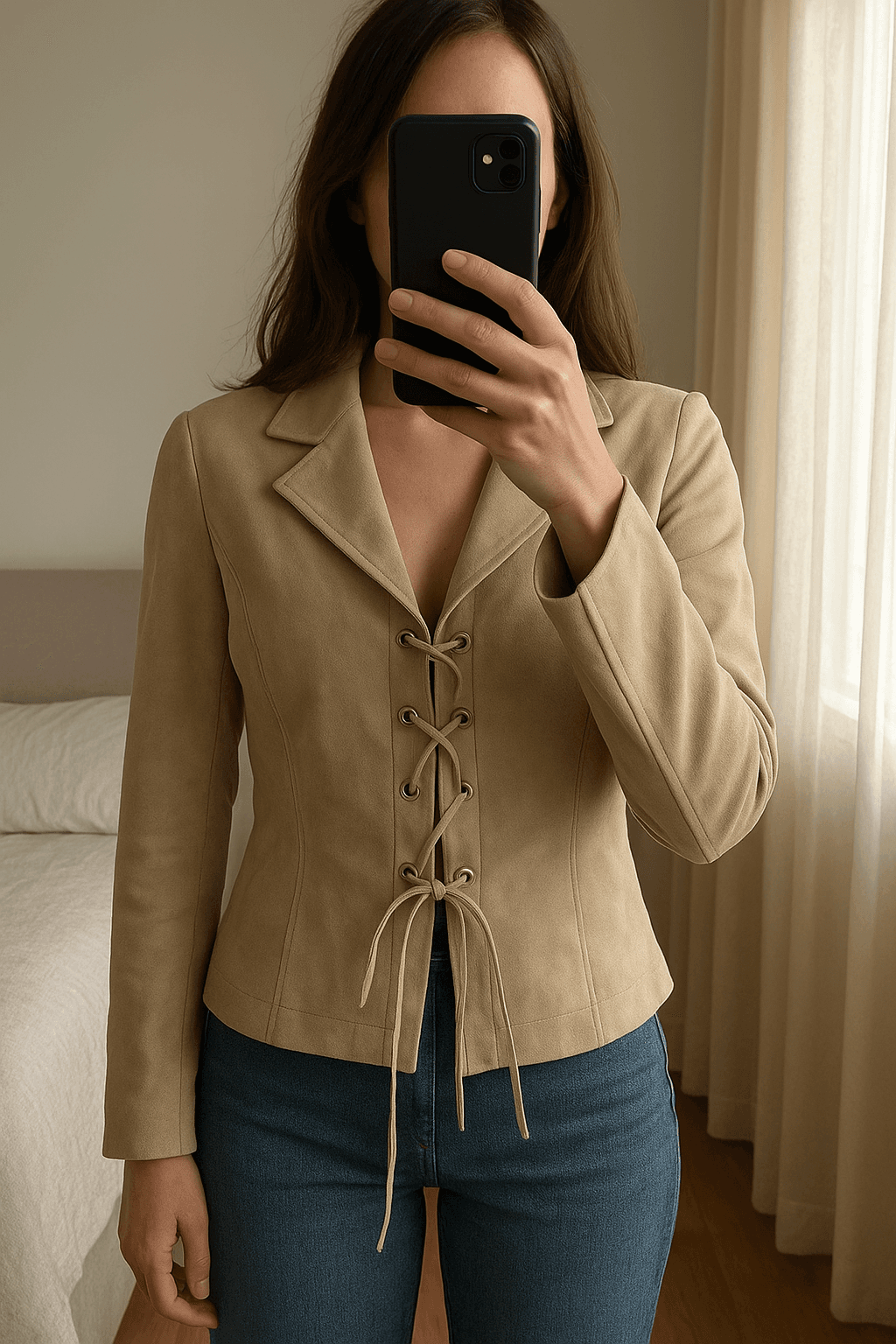 Giacca in pelle scamosciata in piedi, rivolto verso la fotocamera, in una camera da letto con luce soffusa e luce naturale che filtra dalla finestra.