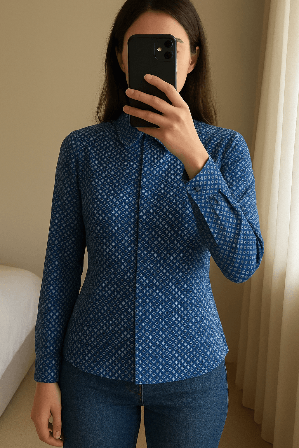 Camicia donna blu con fantasia a fiori in cotone manica lunga in piedi, rivolto verso la fotocamera, in una camera da letto con luce soffusa e luce naturale che filtra dalla finestra.