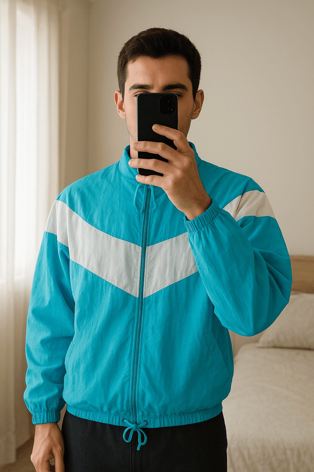 Veste vintage 90s turquoise & blanc unisexe - Taille 42/44 - old-school track jacket – Taille L debout, face à la caméra, dans une chambre à la lumière douce, avec une lumière naturelle filtrant par la fenêtre.