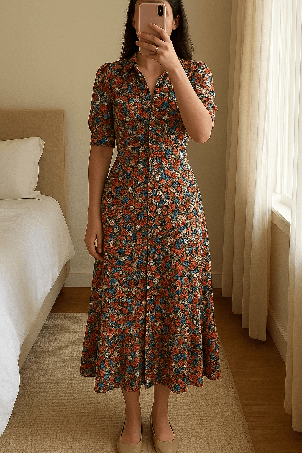 Wyse London Fabienne Silk Dress Size 1R UK 8 in Ditsy Fabric RRP £295 standing straight facing the camera, in a softly lit bedroom setting, with gentle natural light filtering through a window.