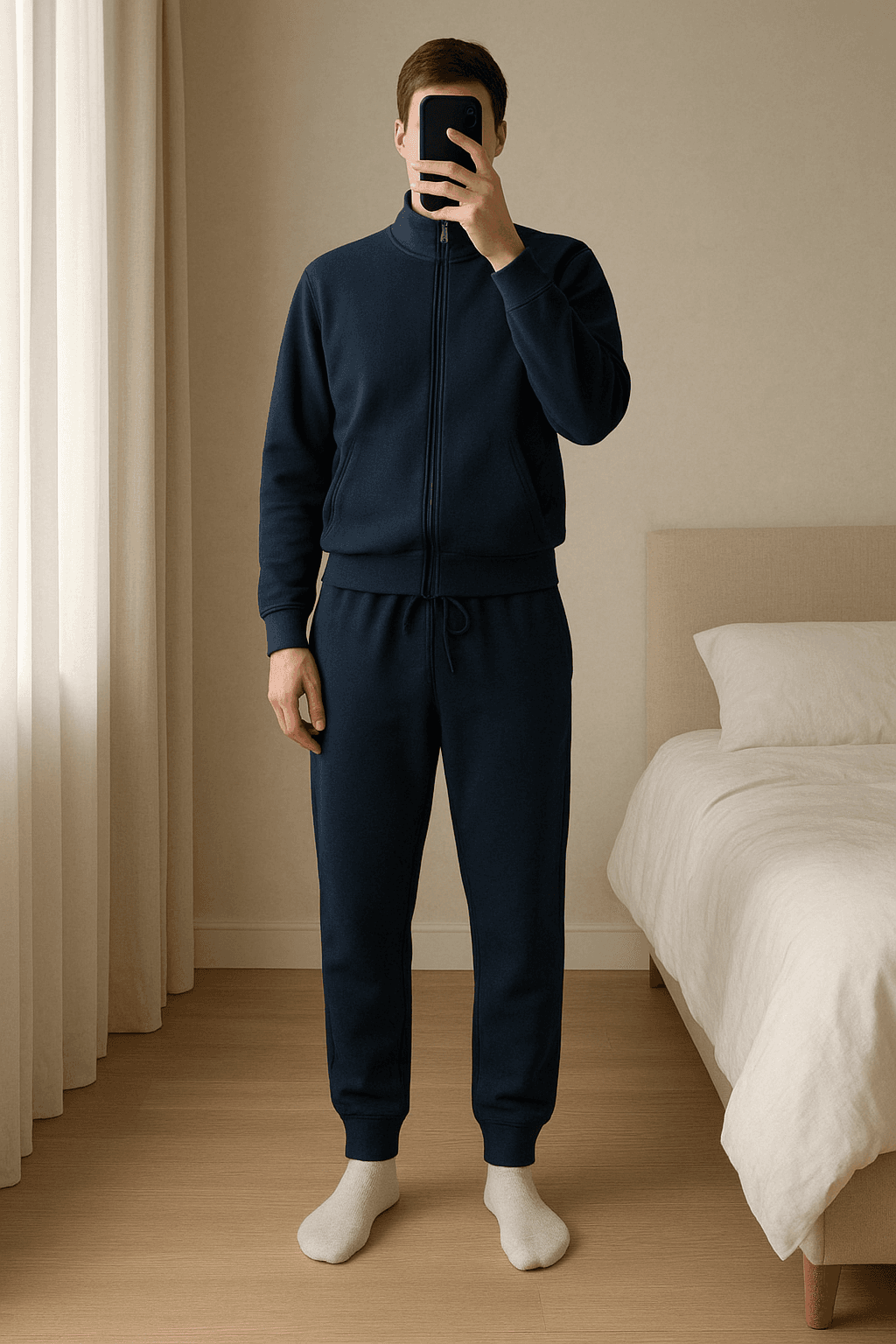 Tuta completa Nuova (Con cartellino) in piedi, rivolto verso la fotocamera, in una camera da letto con luce soffusa e luce naturale che filtra dalla finestra.