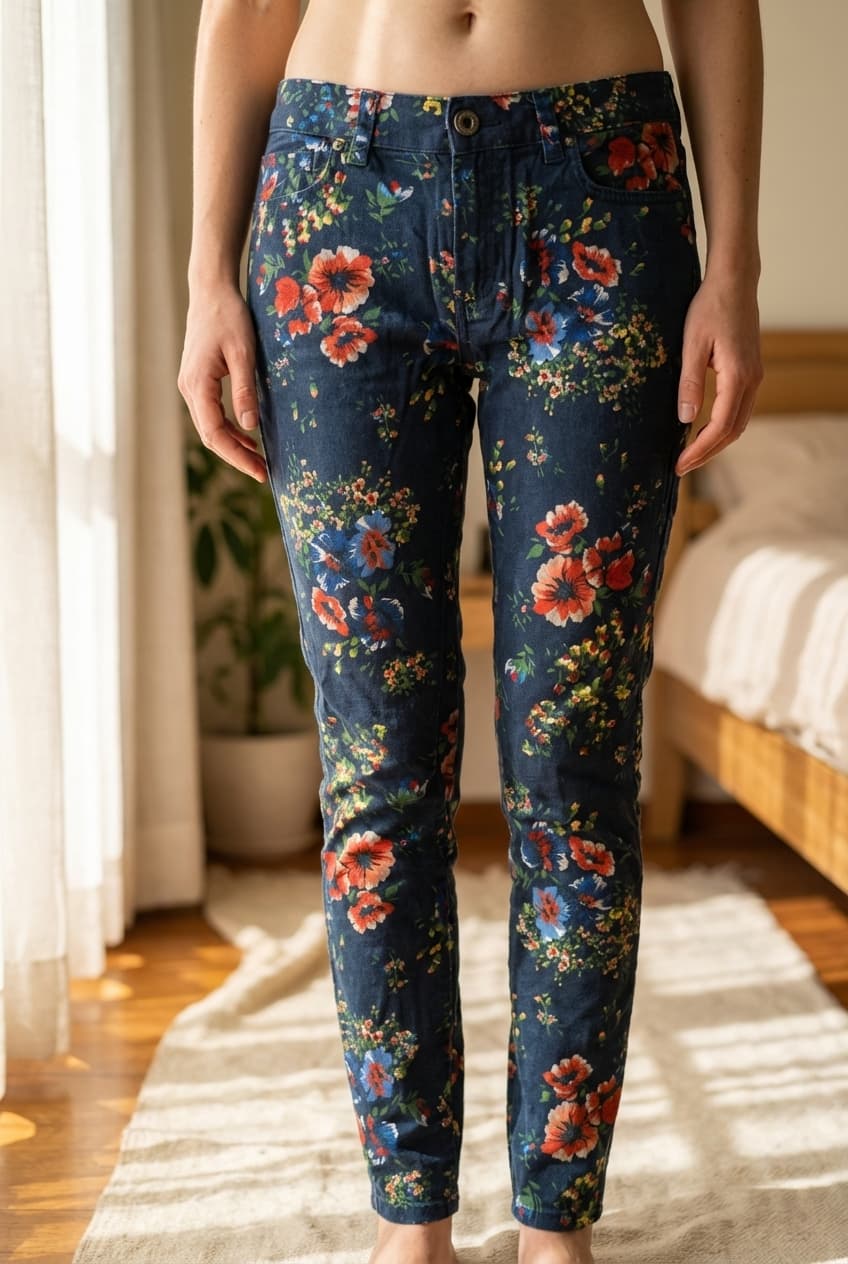 Pantalon fleuri Massimo Dutti debout, face à la caméra, dans une chambre à la lumière douce, avec une lumière naturelle filtrant par la fenêtre.