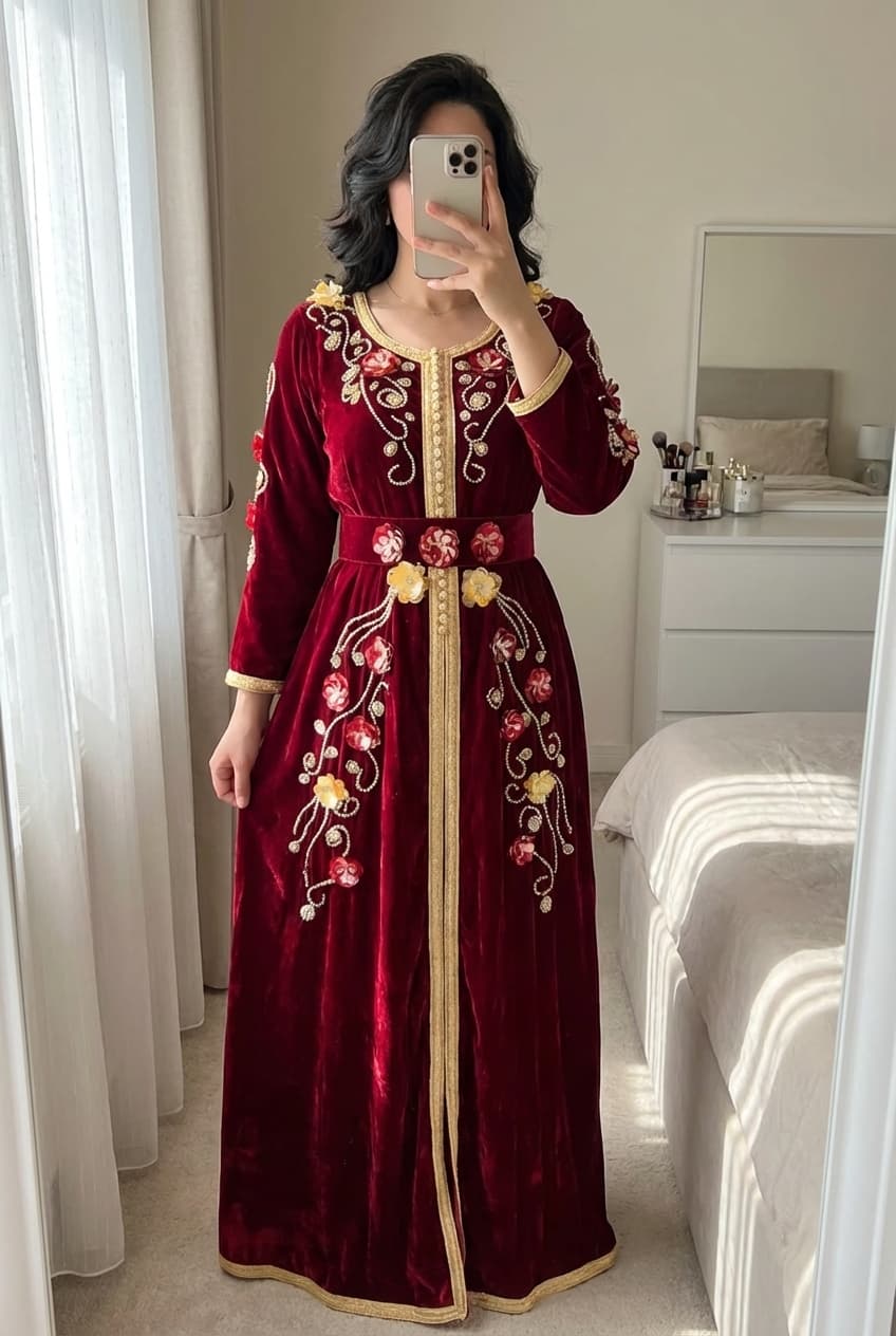 Caftan bordeaux debout, face à la caméra, dans une chambre à la lumière douce, avec une lumière naturelle filtrant par la fenêtre.